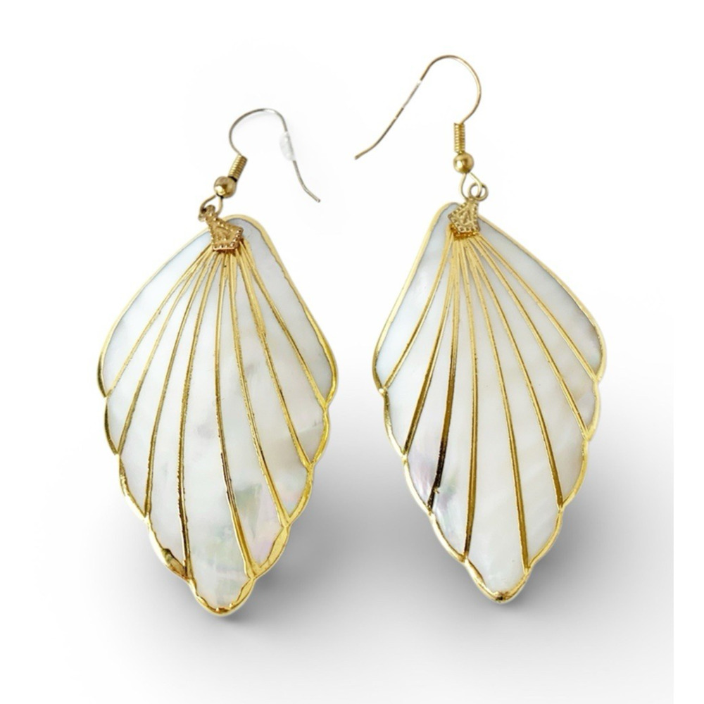 Vintage Mother of Pearl Shell Earrings with Gold Trim Abalone MOP Dangle